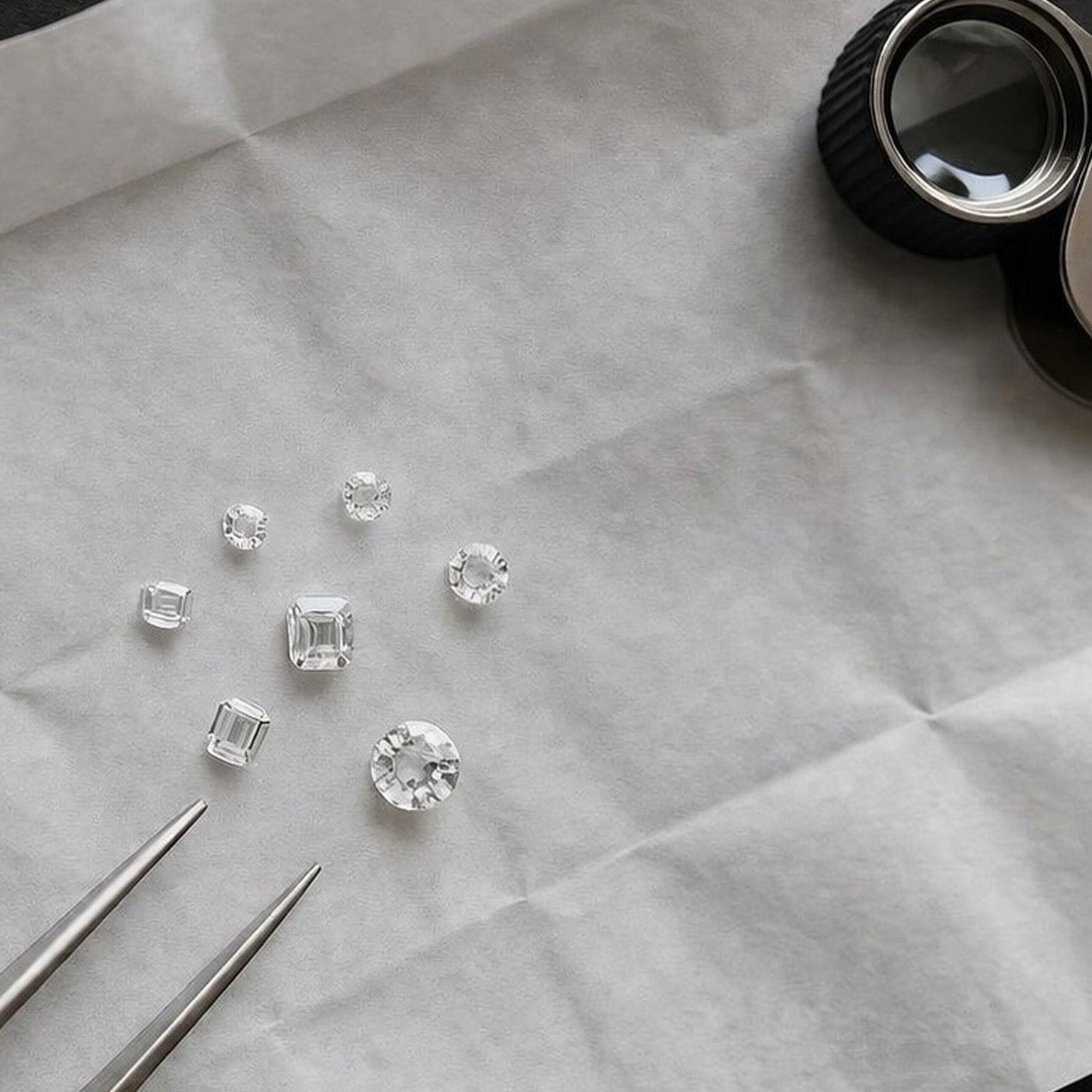 Diamanter på hvidt papir med lup og pincet.