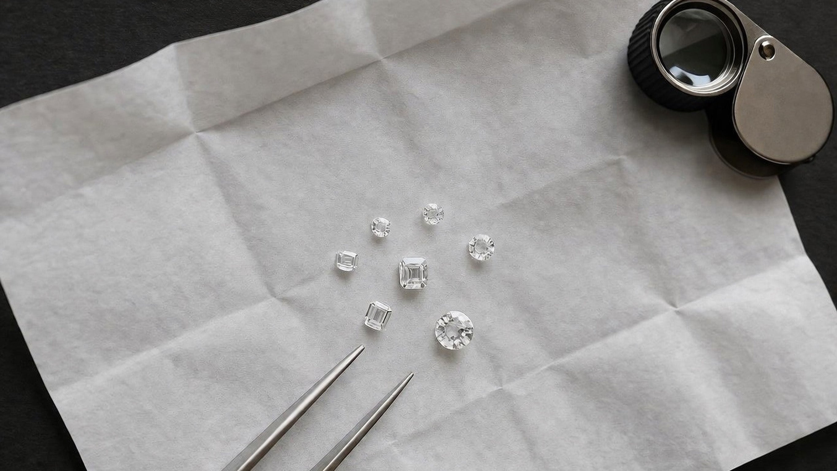 Diamanter på hvidt papir med lup og pincet.